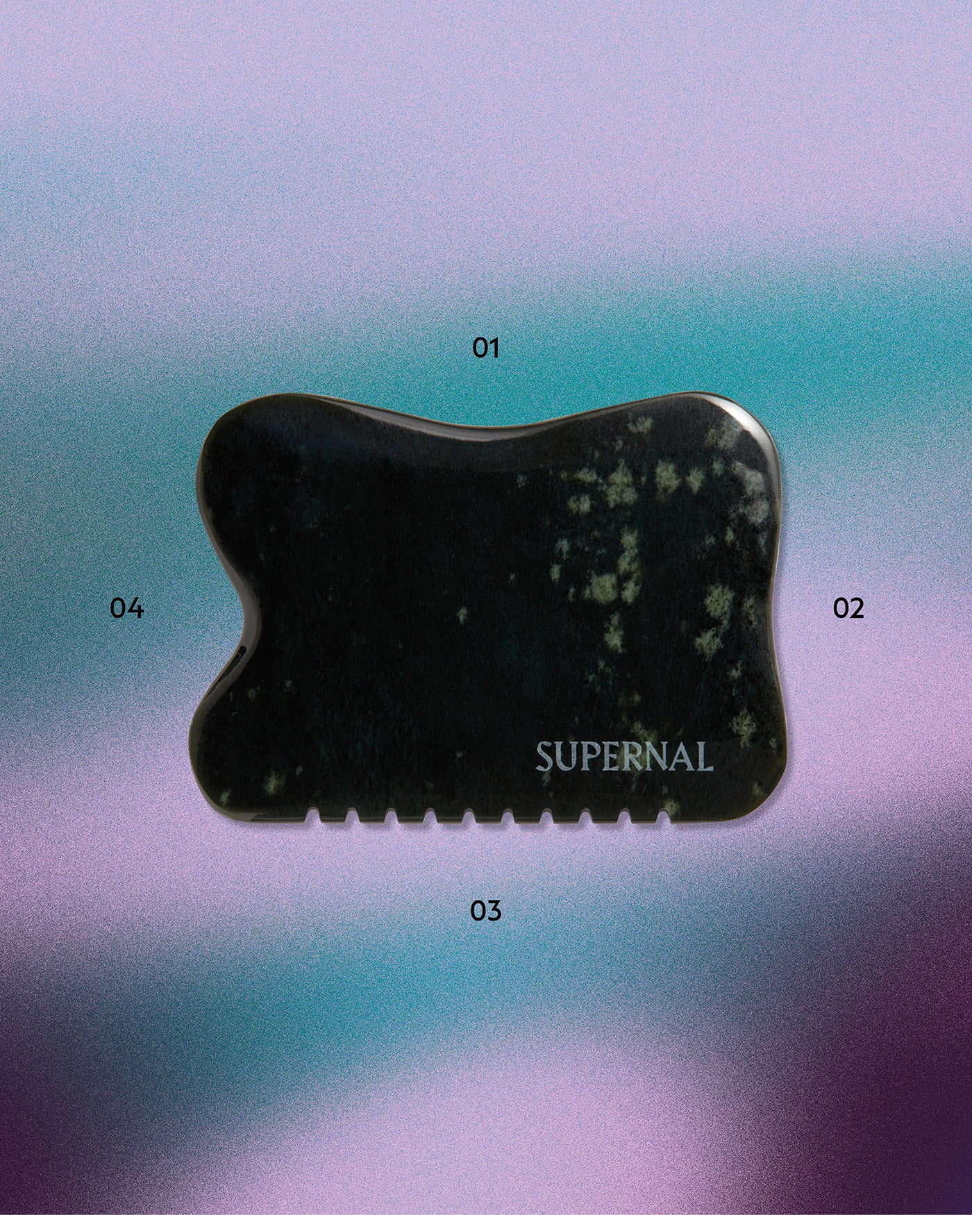 Nephrite Jade Gua Sha stone on purple and blue gradient background